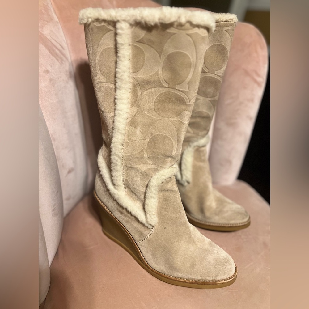 Coach Beige Heeled Boots with Shearling Trim - Picture 7 of 13